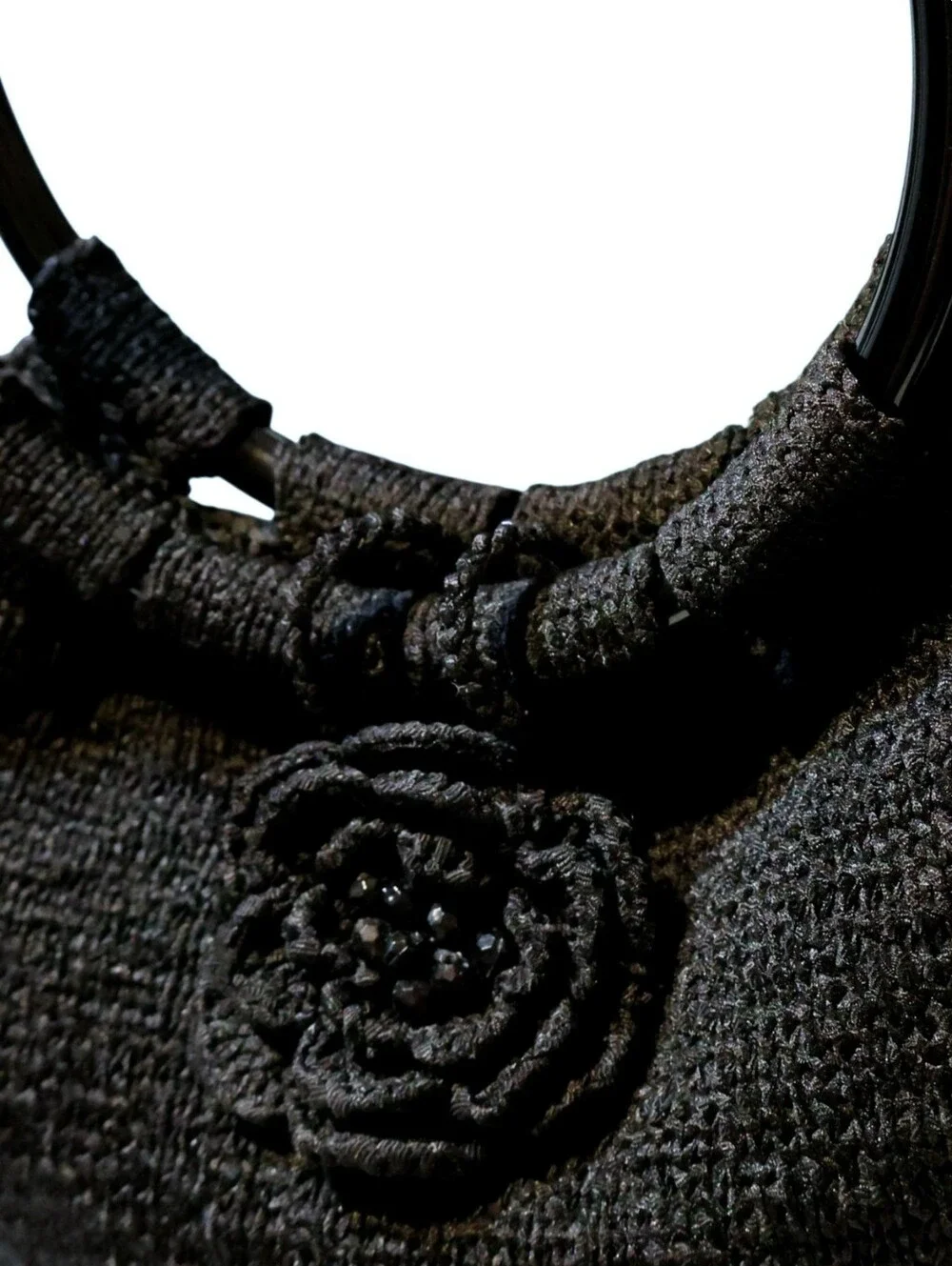 Vintage Black Crochet Flower Handbag O-Ring Handle StructuredBade Tote Boho
